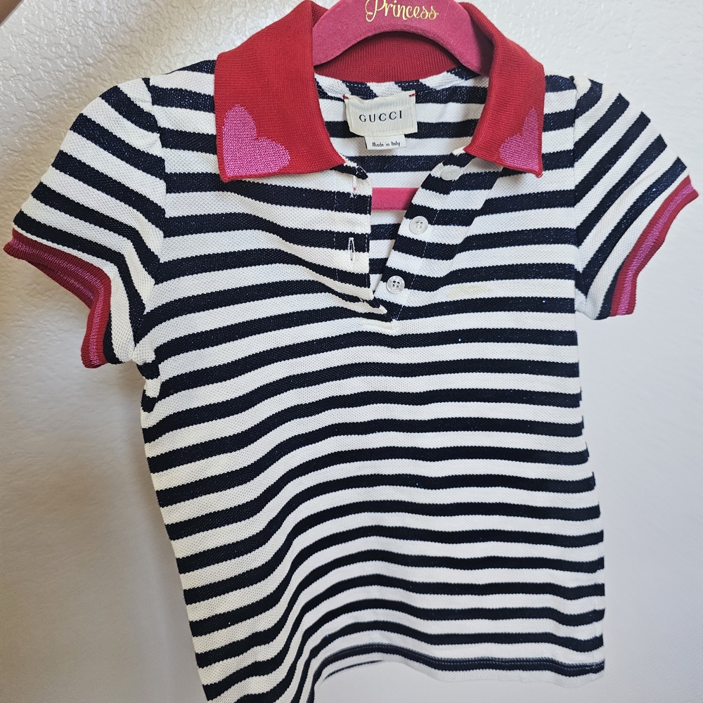 Gucci Kids Striped Polo Shirt - Black and White with Red Collar